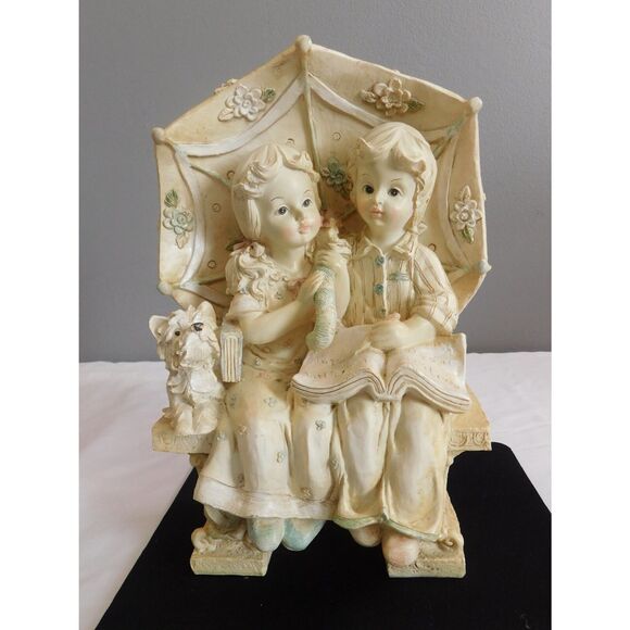 Large  Resin Figurine Young Man-Woman with Dog Sitting of Bench Reading A Book - Picture 2 of 8